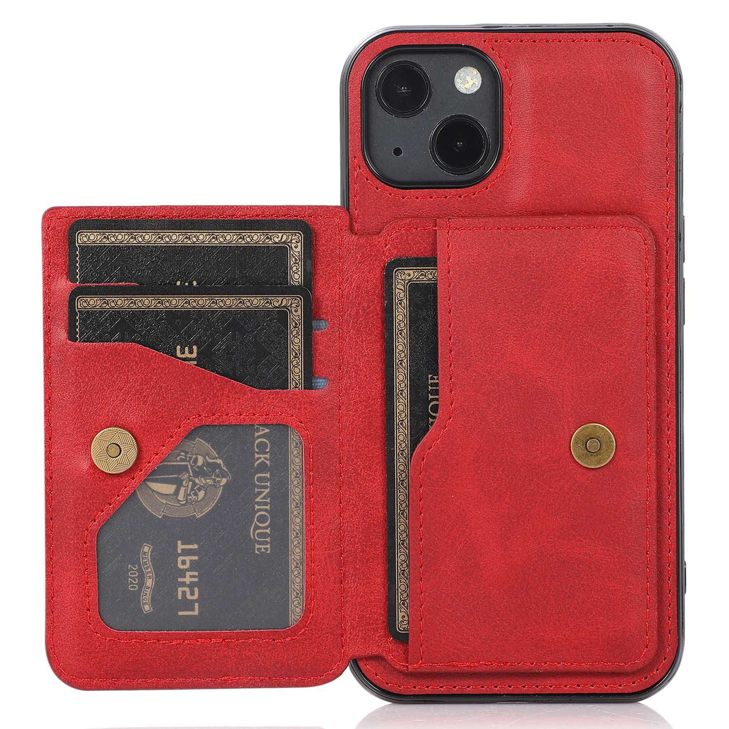 

For iPhone 15 Shockproof Back Card Bag Phone Case PU Leather+TPU Kickstand Phone Cover Red