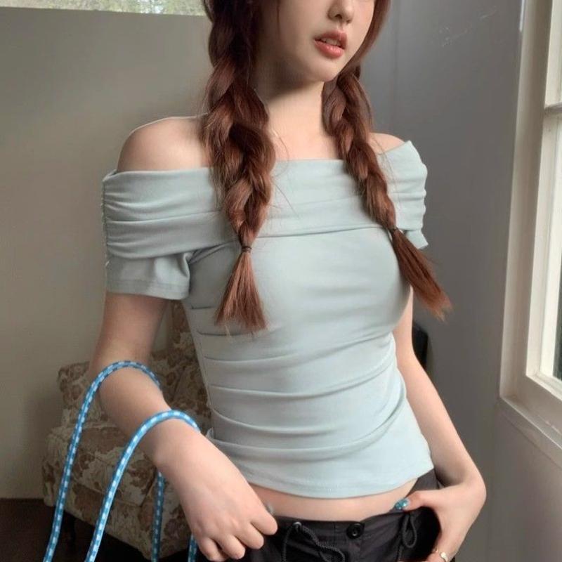 French Off Shoulder Short Sleeved T-shirt Female Summer New Pure Style Slim Elastic Short Blouse Korean Fashion Casual Tops Ins
