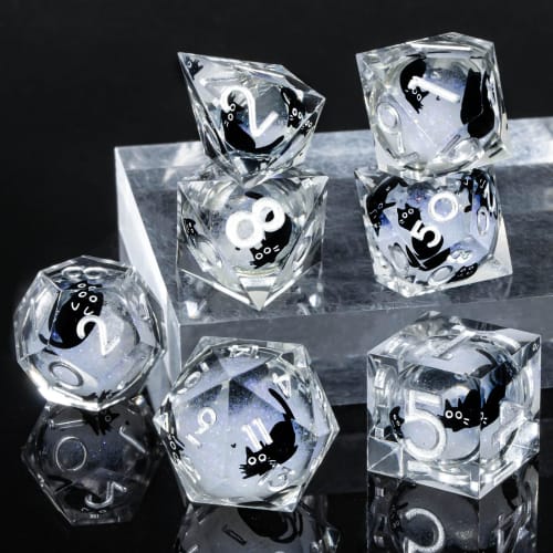 OUKELANWO Cat Liquid Core DND Dice Set, 7 White Resin D&D Dice, Sharp Edge Roleplaying Dice, D20, D12, D10, D8, D6, D4