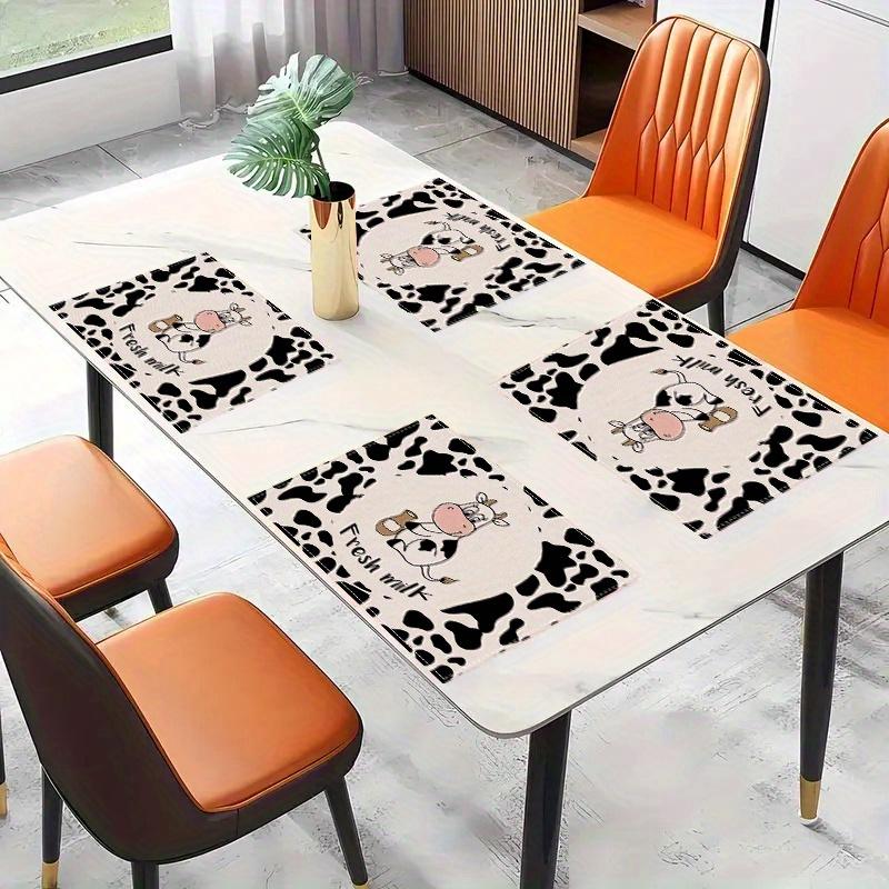 2/4pcs Nongc Cow Pattern Placemats - 12x18 Inch Rectangular Polyester Table Mats with Cute Cartoon Cow Design & "Fresh Milk" Text, Machine Washable