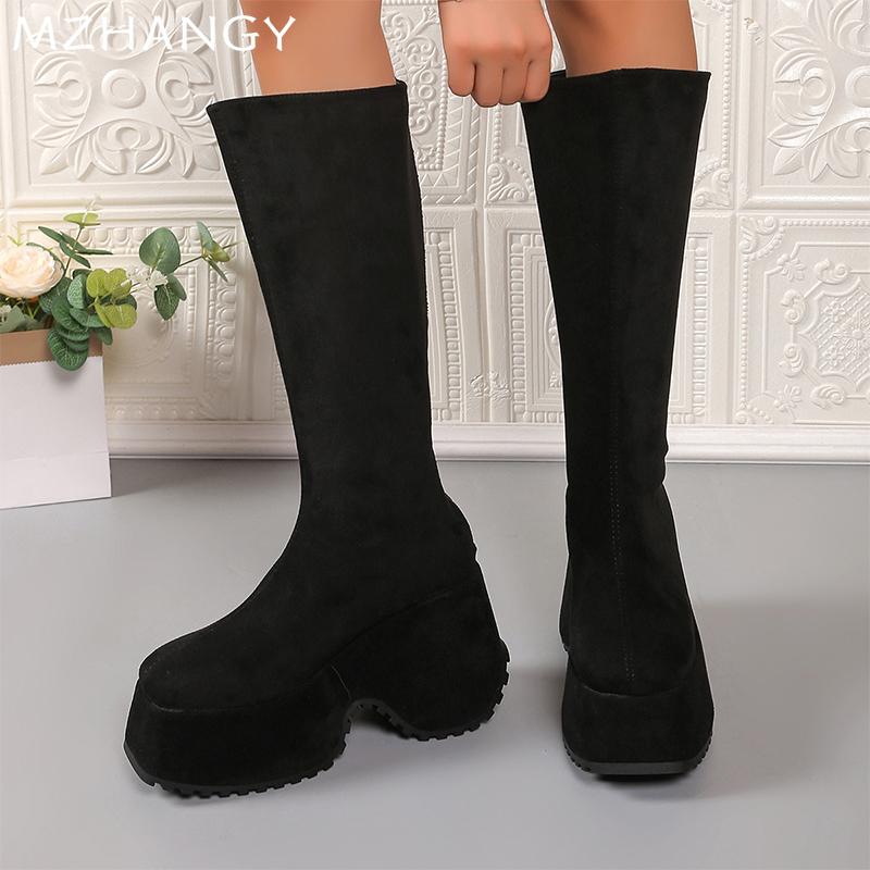 Модная платформа Женские замшевые высокие сапоги на высоком каблуке Сапоги до колена — фото 6