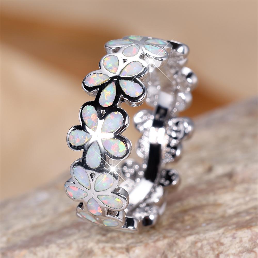 Милые Кольца с Цветком Плюмерии и Белым Опалом для Женщин Винтажные Серебристого Цвета Обручальные Кольца Рождественские Подарки 7