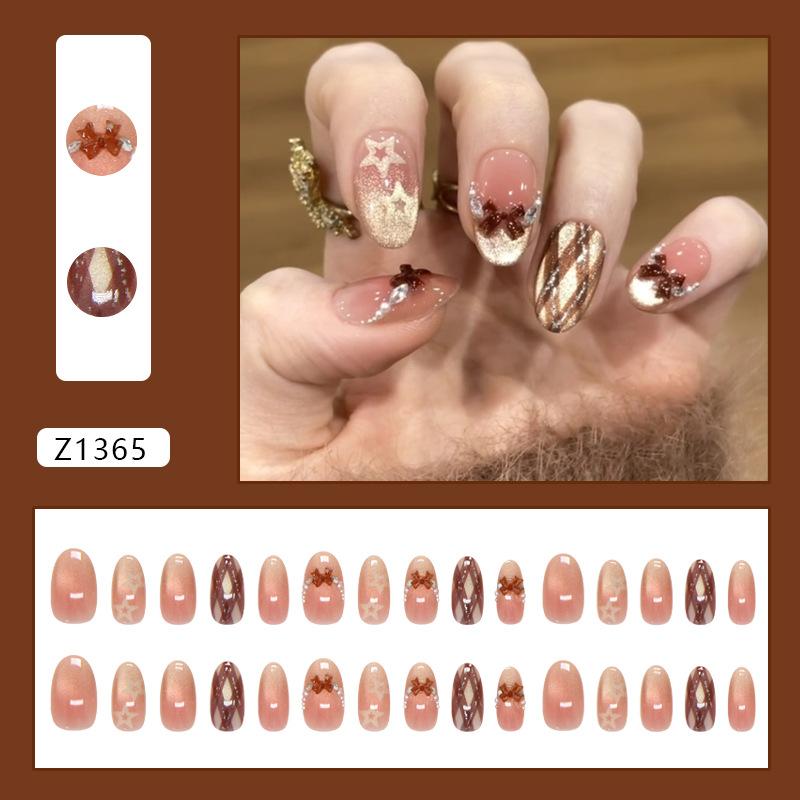 Star Fine Glitter Cat Eye Short Oval Press On Nails Sweet French Sparkly For Ladies 30pcs Box & Strip Non Special Cosmetics