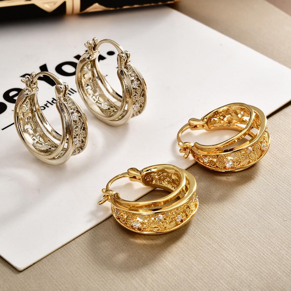 2026 Trendy Hollow-out Hoop Earrings Zircon Inlaid Champagne Gold Triple Layer Ear Buckles for Women
