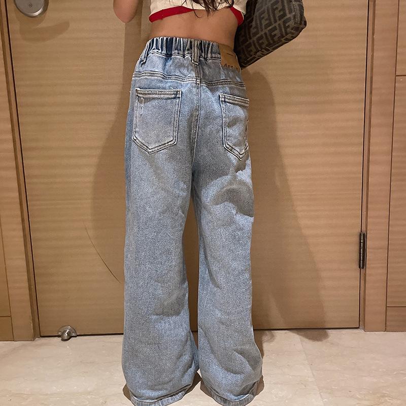Loose Port Wind High Waist Straight Mop Pants Girls' Jeans Spring Girls' Big Children Ripped Wide Leg Pants