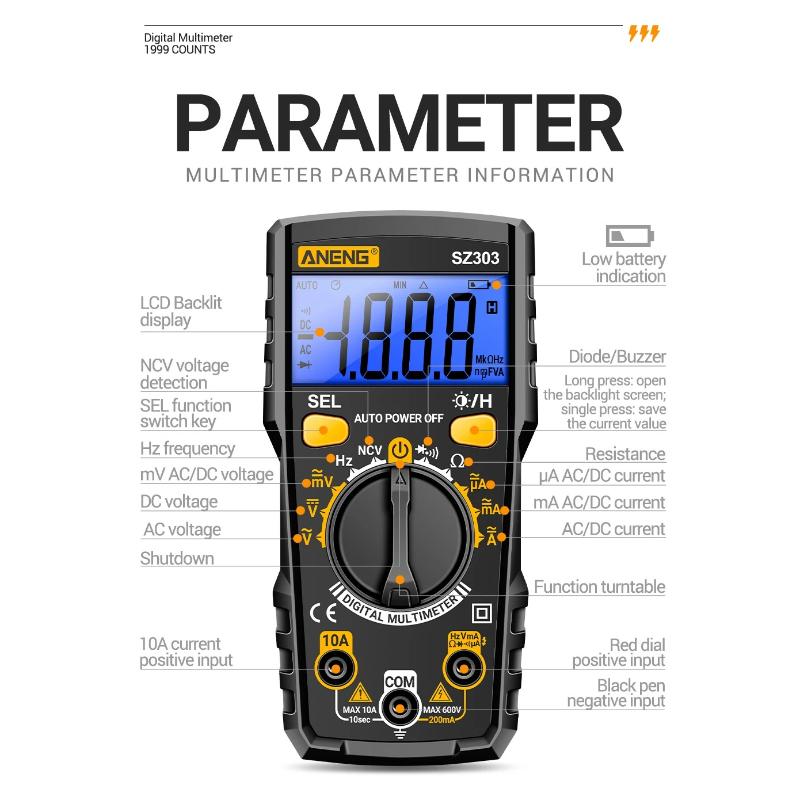New Multifunctional ANENG SZ303 Smart Digital Multimeter 1999 Count AC/DC Voltage Current Electrical Data Retention High Precision Professional Tools