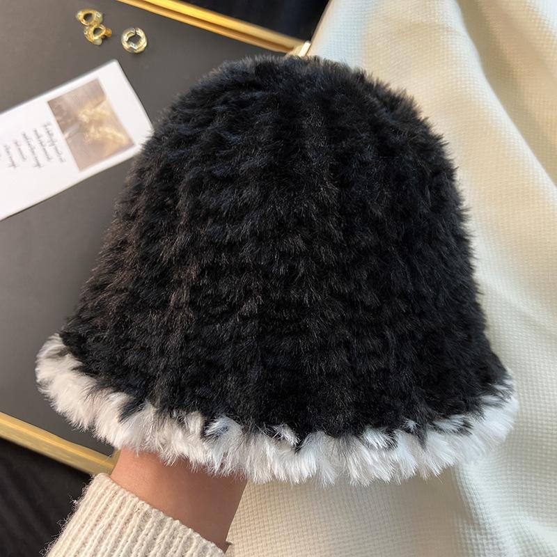 Autumn and winter hat women's plush bucket hat women's face small knitted basin hat winter warm bucket hat