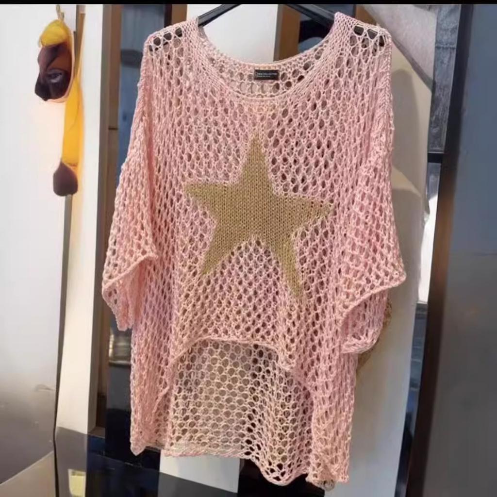 Women's Sweater Loose Hollow Knit Star Cardigan Round Neck Sun Shirt Summer Swimsuit Cover Up