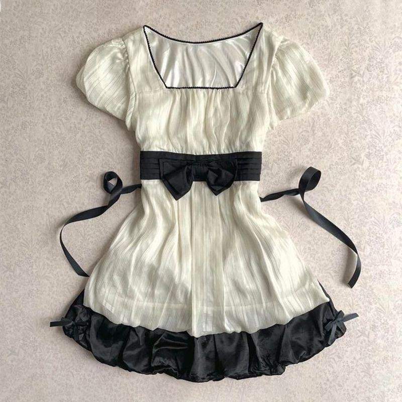 Summer 2026 French Princess Style Patchwork Bow Tie Dress Large белый