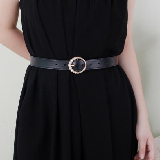 Imitation Leather Women Belt Faux Pearls Pin Buckle Adjustable Holes Design Waistband Versatile Fashion