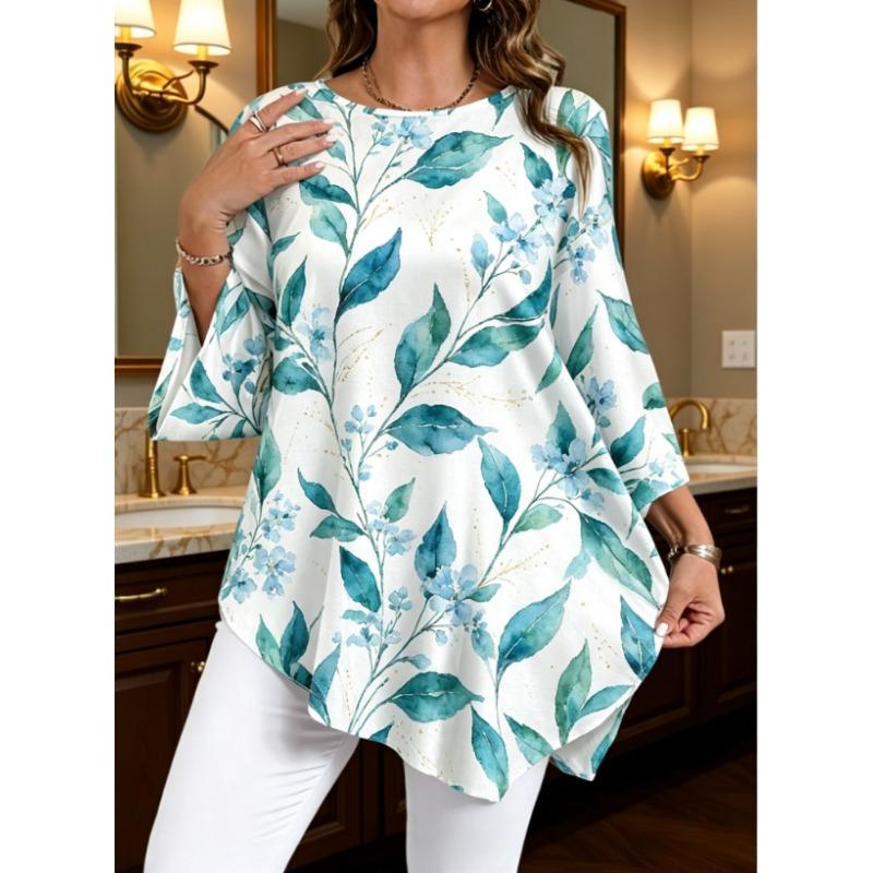 Elegant Plus Size Women's Top, Casual Full-Pattern Asymmetrical Hem, Beautiful