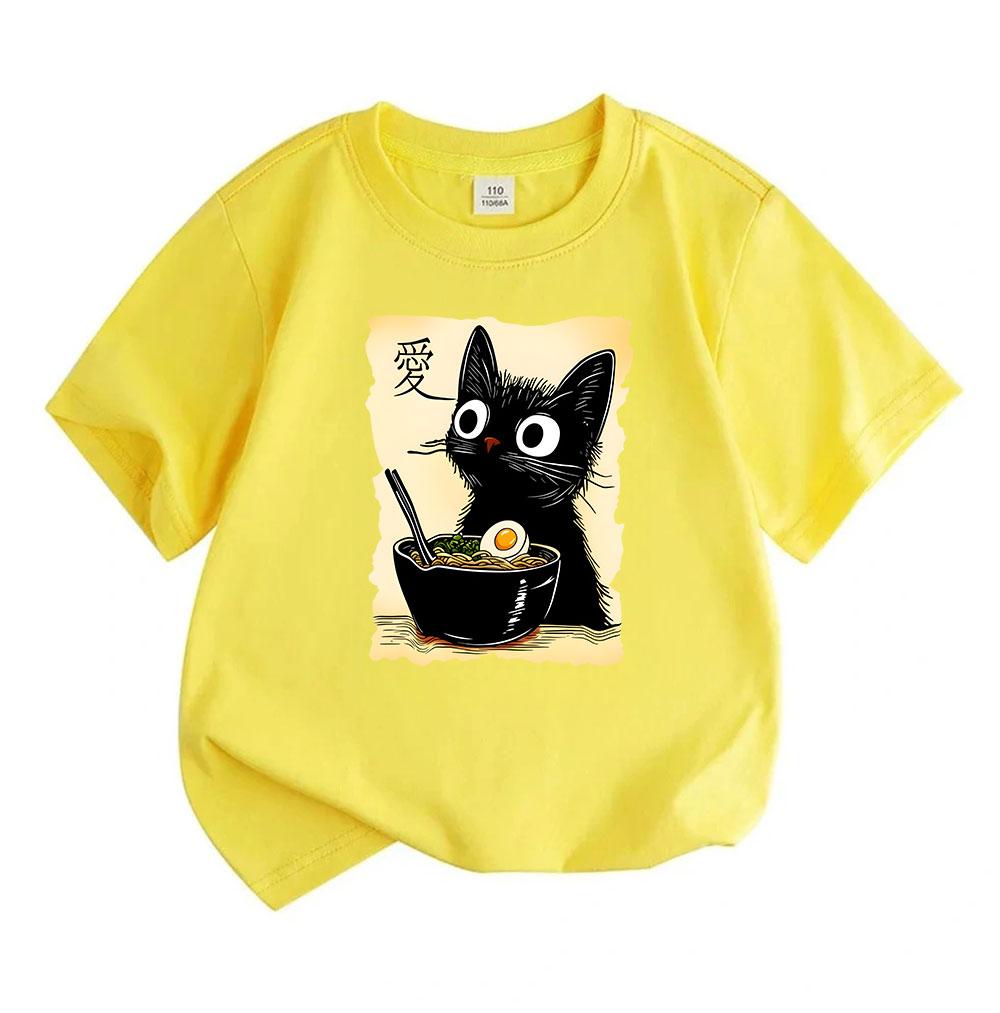 Kids Boys Girls 100% Cotton Crew Neck Short Sleeve T-Shirt, Cute Black Cat Ramen Noodle Graphic Tee Casual Summer Daily Wear Tops for Children