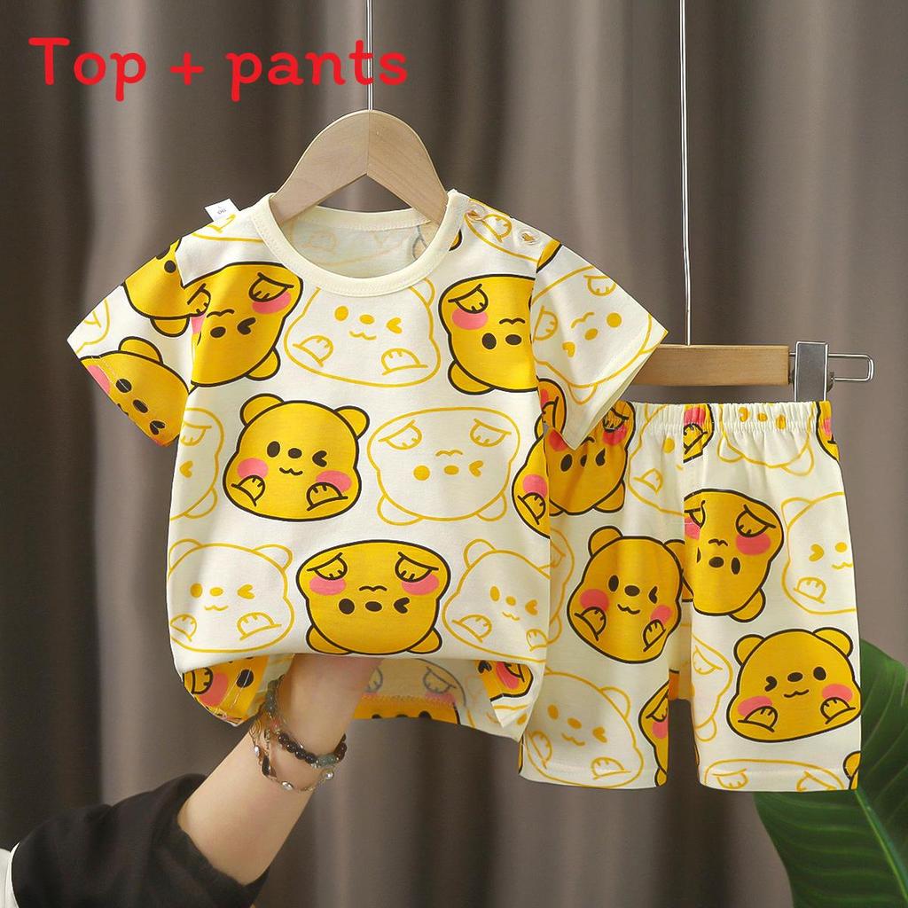 Baby Boy Girl Summer Cotton Short Sleeve Tshirt And Shorts Set With Animal Prints For Toddler Kids