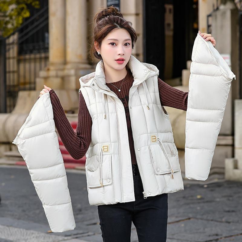 New down cotton-padded jacket with removable sleeves, short vest in autumn and winter, loose two-wear vest jacket.