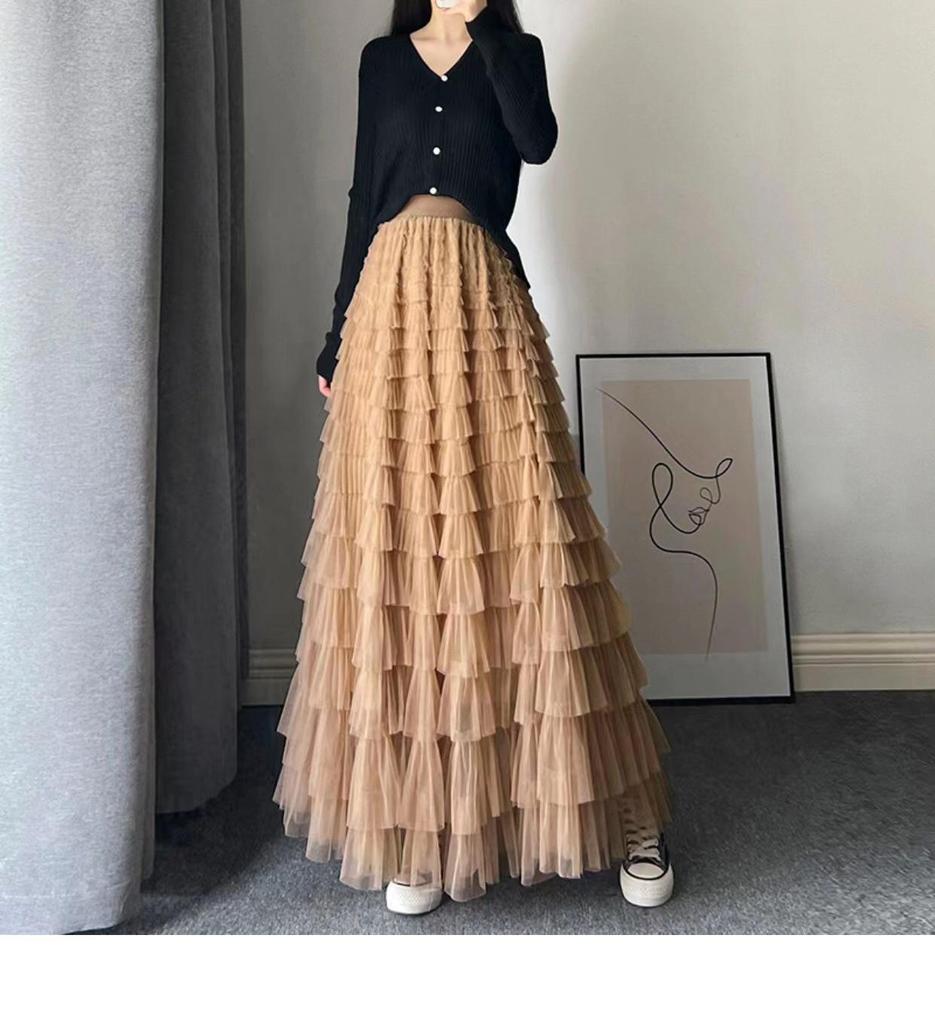 "2024 Frühling/Sommer Lotusblatt Mesh Puffrock": Gespleißt, Schlank, Von Prominenten inspiriert, Lang, Sexy Kuchenstil"