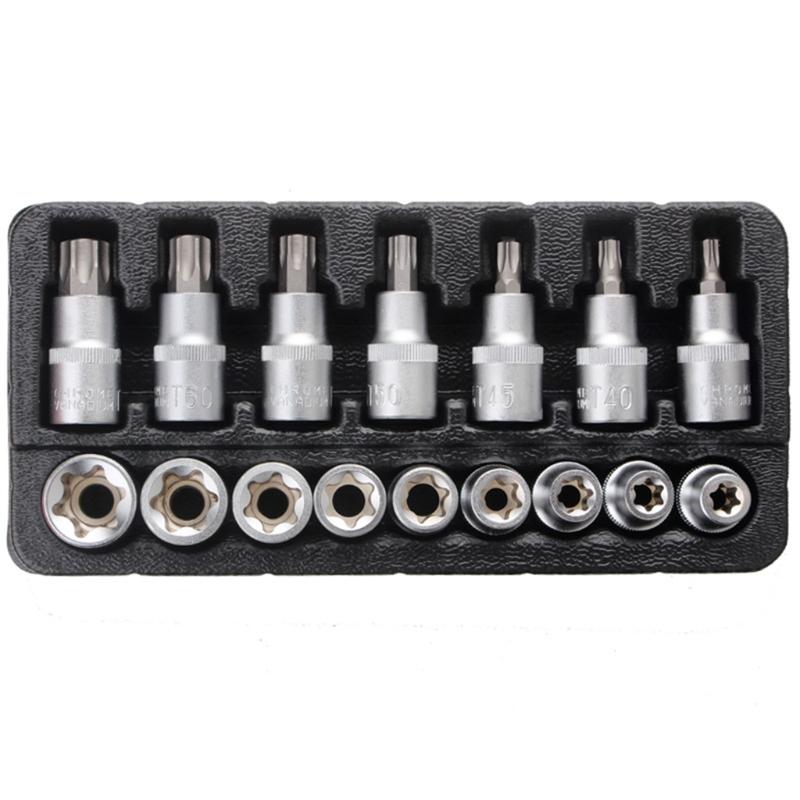 Torx Bit Socket Set with for Case E10-E24 T30-T70 16 Pcs Steel Star Bit Set for Cr-V Steel 1/2-inch Drive Hand Repair To