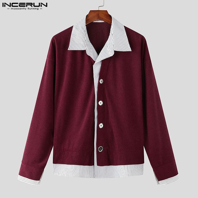 INCERUN Cămăși de Primăvară pentru Bărbați cu Guler Rever, Mânecă Lungă, Patchwork în Dungi, Nasturi, Topuri din Catifea Cord