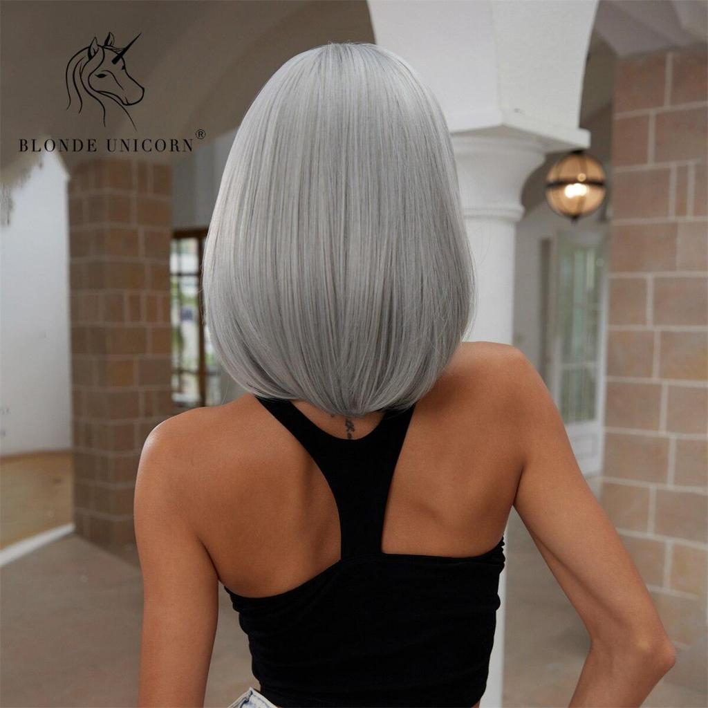 BLONDE UNICORN Blonde Grey Synthetic Wig Natural Short Bob Wig With Bangs Daily Use For Black White Women Cosplay Heat Resistant