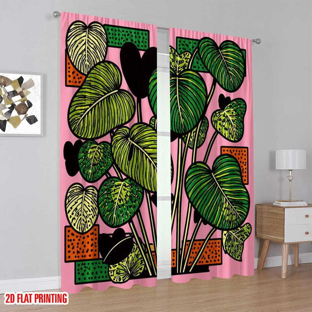 2D Flat Printing 2pcs Curtain Scene Curtains Colorful Tropical Leaves Digital Printed Polyester Drapes Family Party Decoration