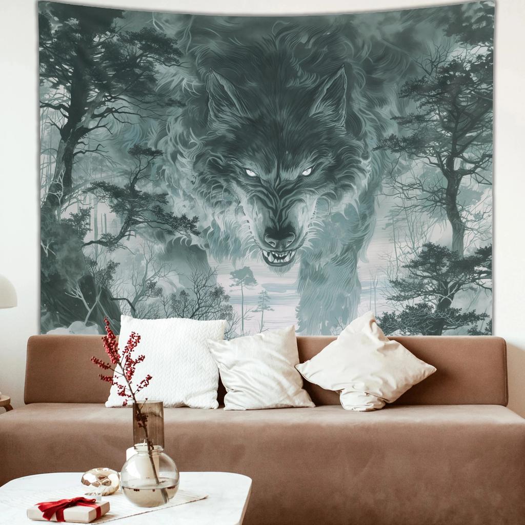 Dark Forest Wolf Wall Tapestry Mysterious Gray Beast Wall Hanging Peach Skin Fabric Aesthetic Room Decor for Bedroom Living Room