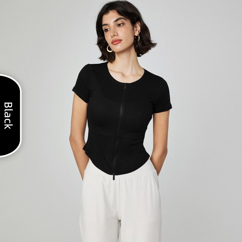 

Модальная футболка для спорта с эффектом «обнажённой кожи», женская, с круглым вырезом, на молнии, одежда для йоги, повседневная, с зауженной талией, фитнес, с коротким рукавом, летняя Black 4 pieces