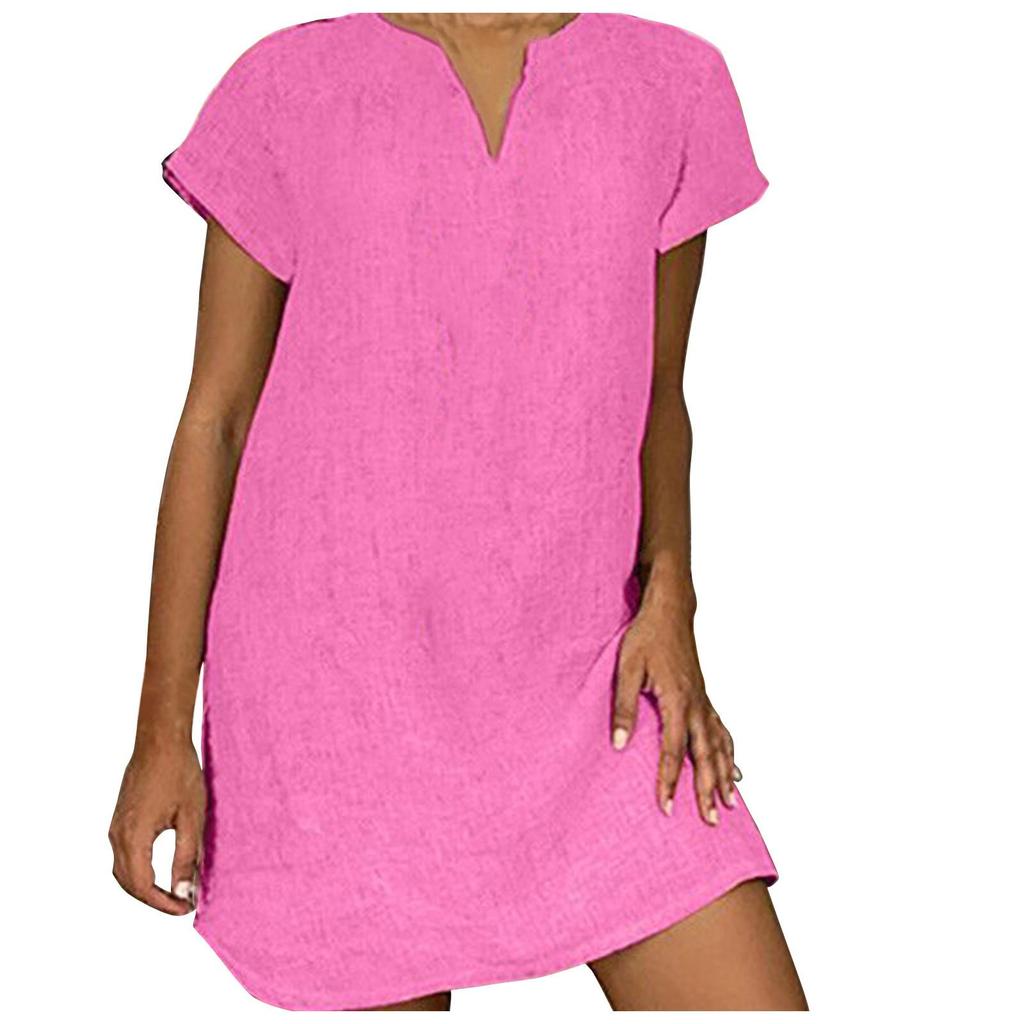 Moda damska Letnia luźna spódnica z krótkim rękawem, dekoltem w szpic, bawełniana sukienka lniana