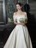 Elegant Simple Bridal Gown One Shoulder Lightweight Outdoor Wedding Dress Floor Length Train Korean Style Bridal Dress