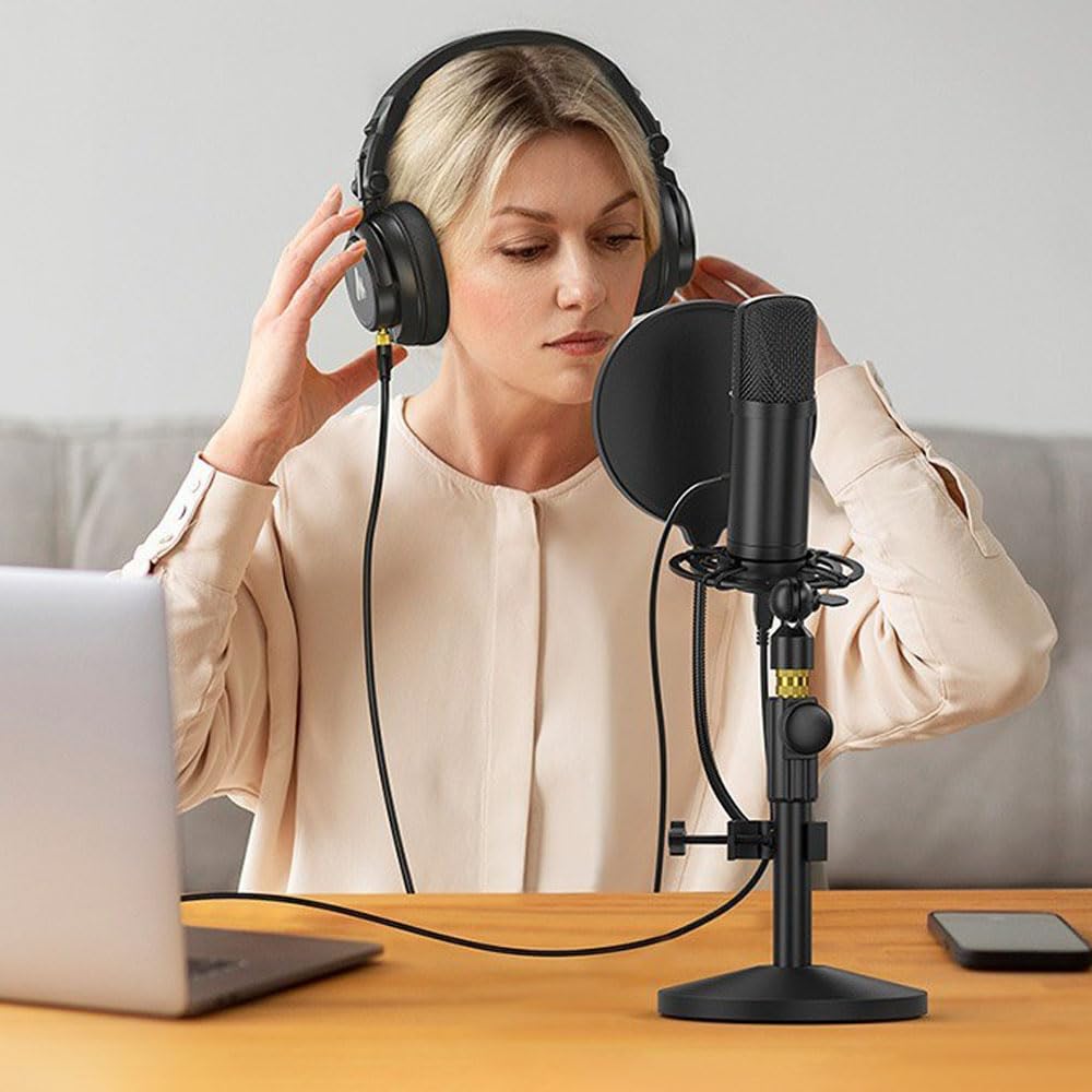 Samcos Desktop Microphone Stand Set for Condenser Microphones with Clip, Noise Reduction, Pop Filter, Telescoping Arm, and Adjustable Height (A)