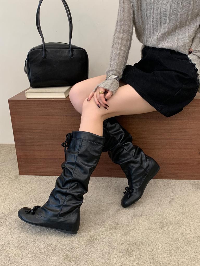 New inner height increase women's straps bow boots round head high boots suede thin fashion boots
