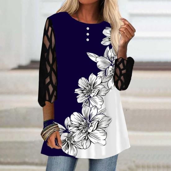 

Женская рубашка, свободная мягкая текстура, полиэстер, женская блузка с круглым вырезом и цветочным принтом 3XL синий