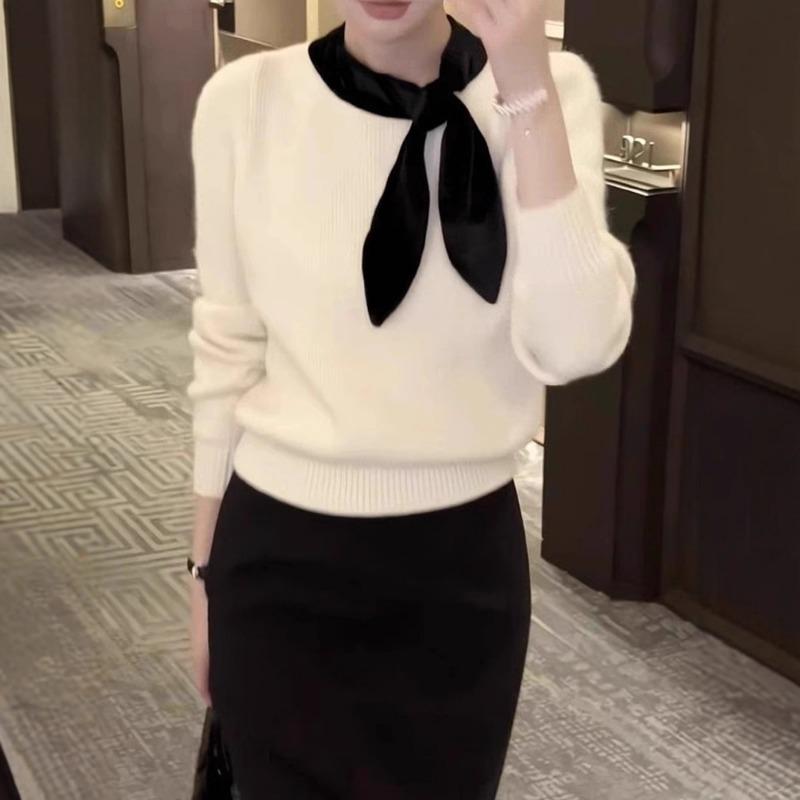 Gentle Style White Temperament Bow Tie Sweater for Women in Autumn and Winter Unique and Unique Knitted Sweater Inner Top