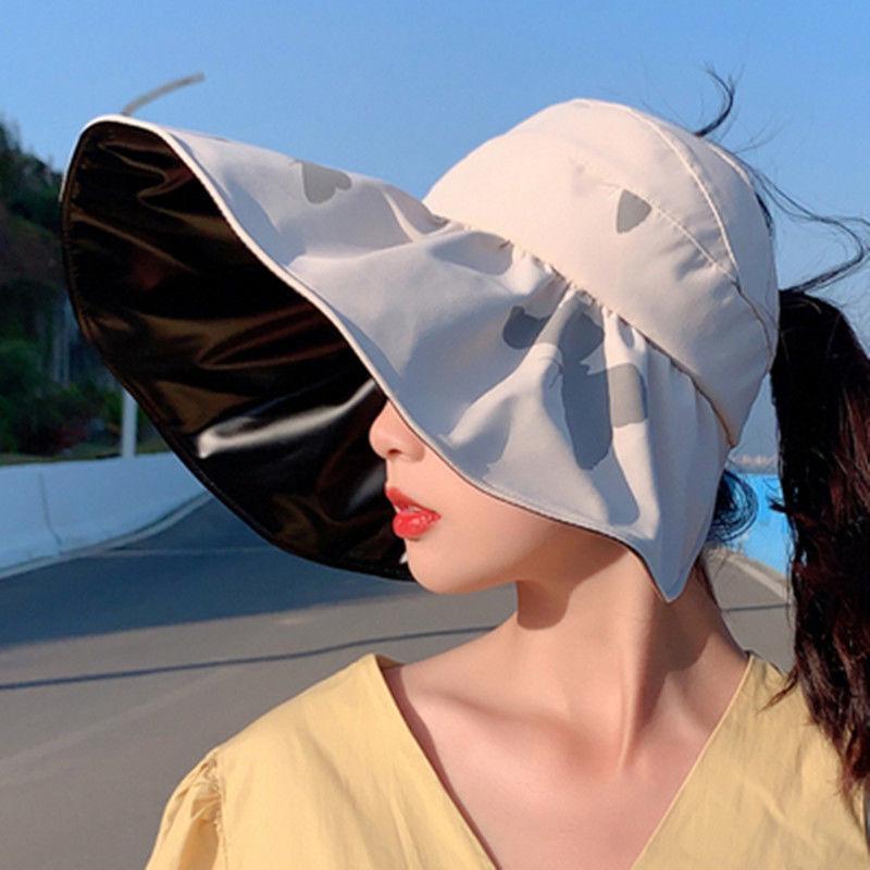 Women's Black Vinyl Bucket Hat with UV Face Shield, Adjustable & Foldable Summer Sun Protection Hat.
