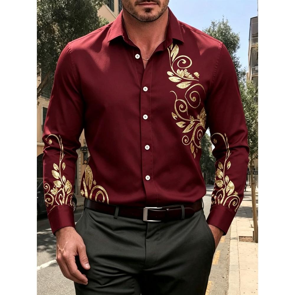 Men's European Style Rolled Grass Printed Long Sleeved Shirt, Lapel Cardigan Shirt, Business Light Luxury Casual Top