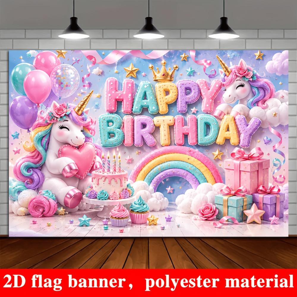 Unicorn Happy Birthday Banner Backdrop Balloons Rainbow Cake Gift Boxes