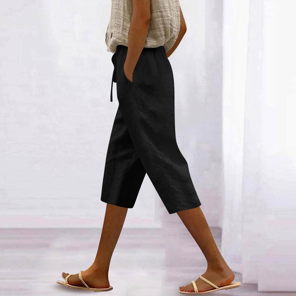 Women’s Linen Cropped Wide Leg Pants with Elastic Waistband and Drawstring Loose Fit Lightweight Trousers for Casual Wear