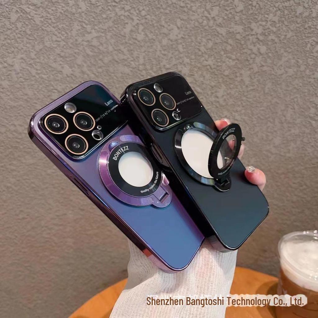 iPhone 15 Electroplated Bracket Case with Large Window, Frosted Design, Magnetic Suction, Anti-fall Protection