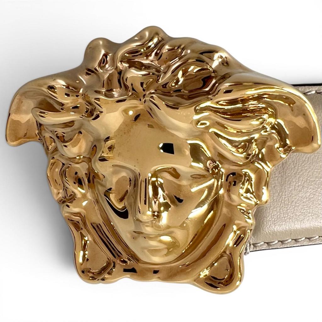Great VERSACE Belt Medusa Motif Buckle Beige Calf Leather Mens Used