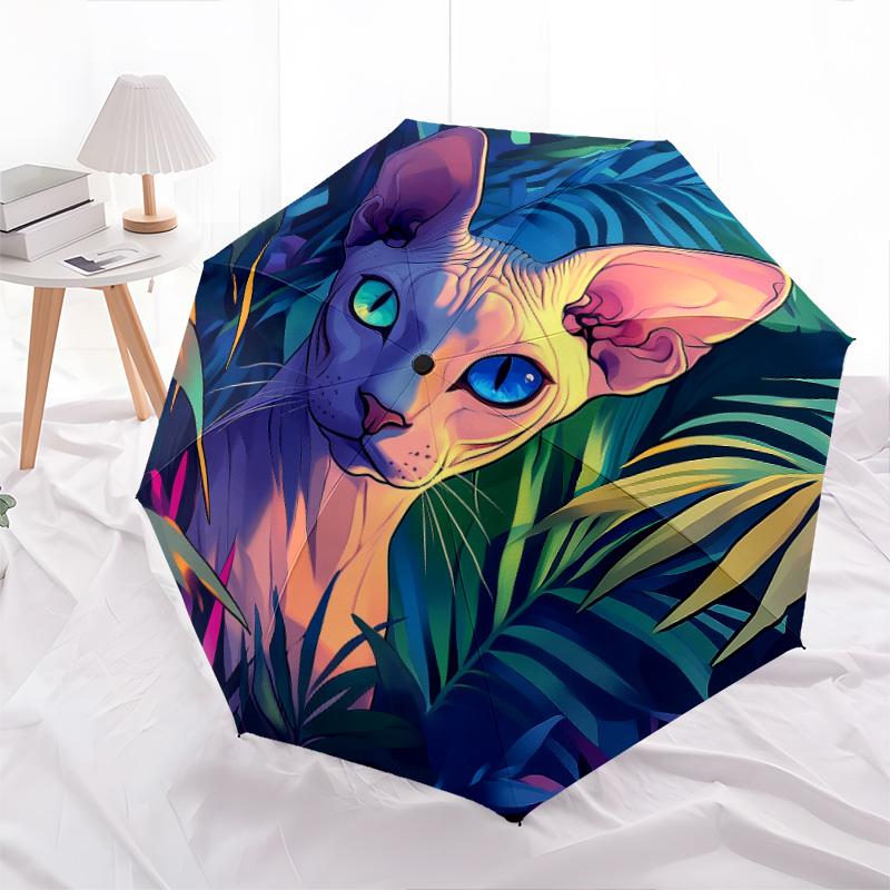 Plant Cat  pattern, automatic folding umbrella, portable and foldable design, 8 ribs, a Christmas or birthday gift.
