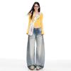 Women's Retro Low Waist Light Blue Wide Leg Jeans with Whisker Detail