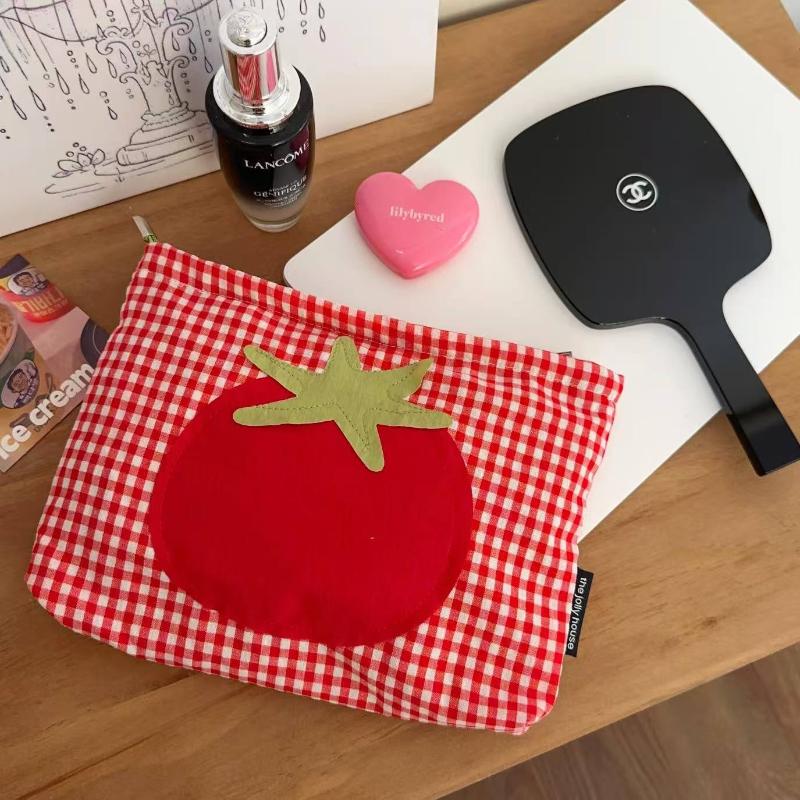Woman Makeup Bag Cute Red Grid Tomato Toilet Bag Large Capacity Hand in Hand Bag for Traveling Simple and Versatile Makeup Storage Bag Clutch Bags