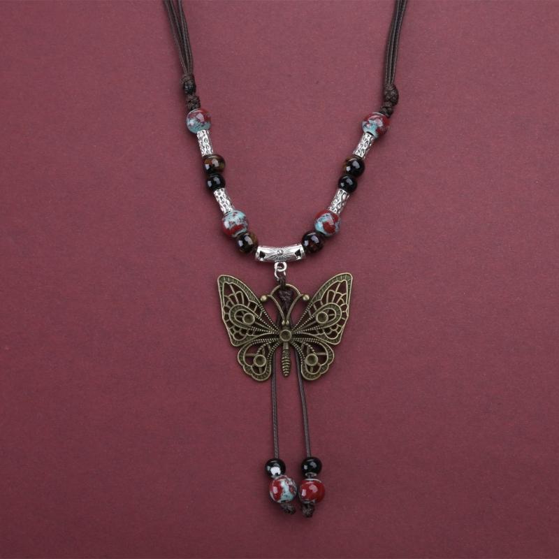 Vintage Wax Rope Handmade Ceramics Beads Butterfly Pendant Necklace For Lovers Women Sweater Chain Aesthetic Jewelry