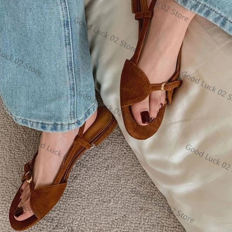 Fashion 2025 Women's Fashion Sandals New Summer Round Head Soft Frosted Open Toe Hollow Belt Buckle Flats