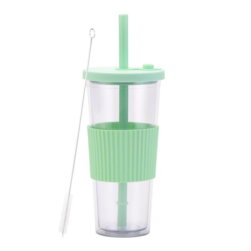 2025 Large Capacity Double Layer Plastic Cup Large Hole Straw Pearl Boba Milk Tea Cup Portable Outdoor Straw Cup