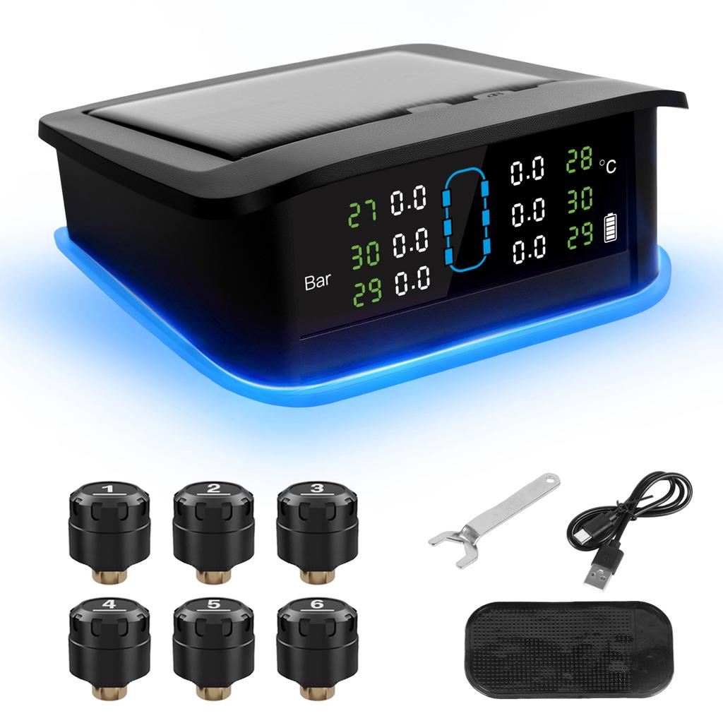 Tire Pressure Monitoring System, Solar Tire Pressure Monitor with 6 External Sensors, Ambient Light, Real Time Display