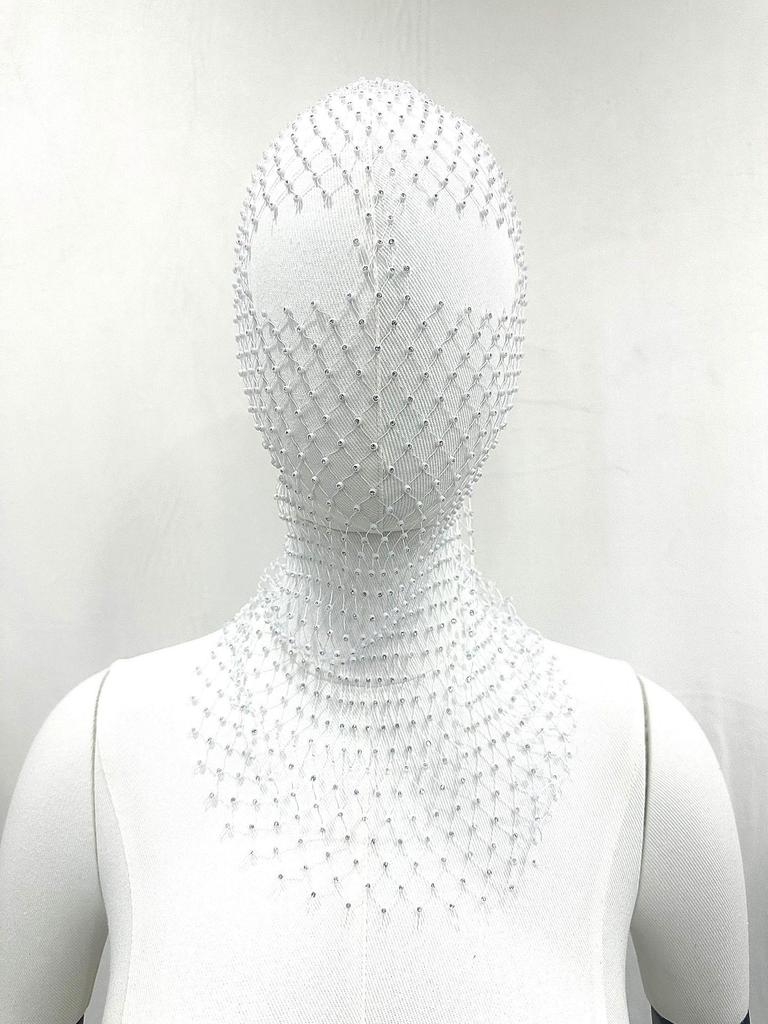 Rhinestone Fishnet Headscarf & Diamond Mask - Trendy Holiday Party Hat & Fashion Statement.