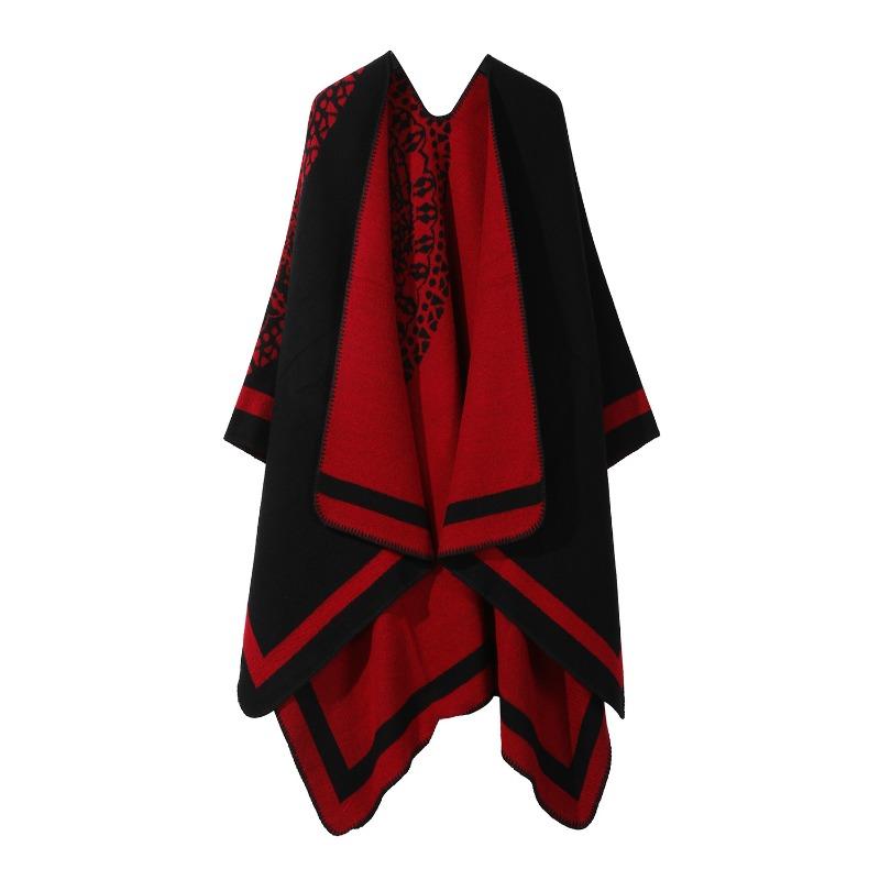 Poncho a mantella aperto davanti a righe floreali nero e grigio, coperta da viaggio a maglia grossa, scialle avvolgente