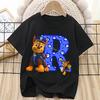 Paw Patrol Chase T-shirt for Children Cartoon Letter A-Z Tee Top Kawaii Round Collar Clothes Fashion Kids Black Clothing Gift