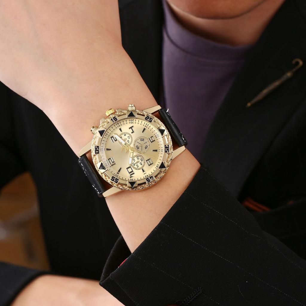 Men'S Watch Fashion Trend Business Fake Three-Eye Belt Men'S Watch Digital Face Quartz Watch