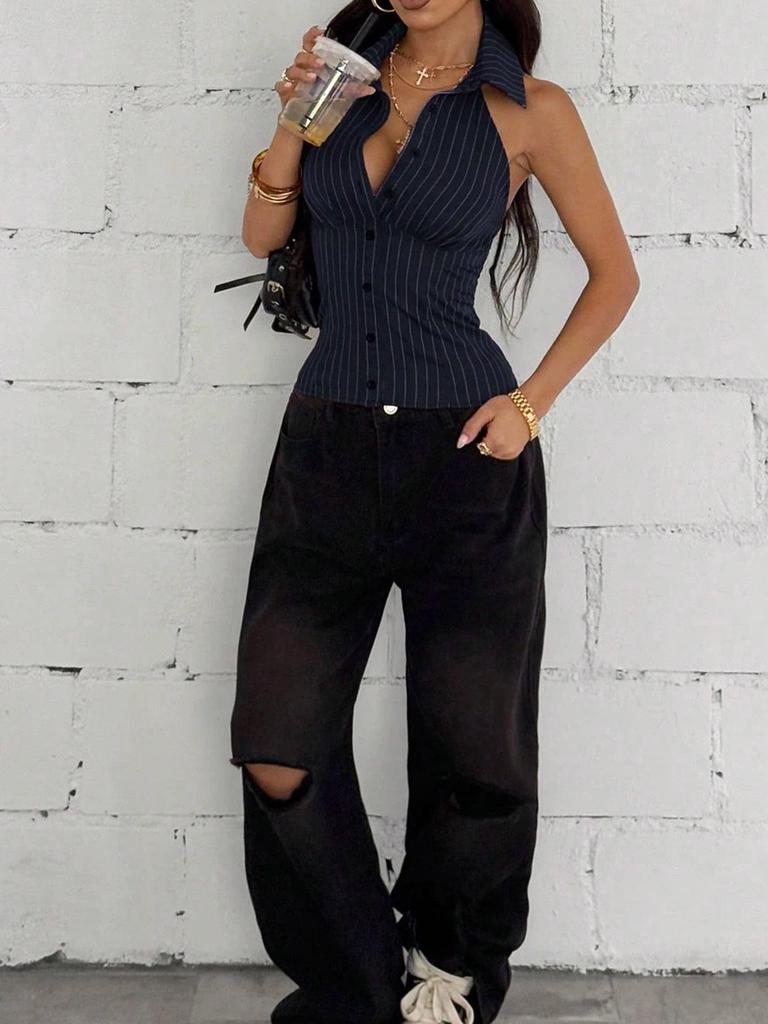 Evropská pruhovaná bezrukávová košile - 2026 Jaro/Léto Řasená zeštíhlující vesta pro ženy