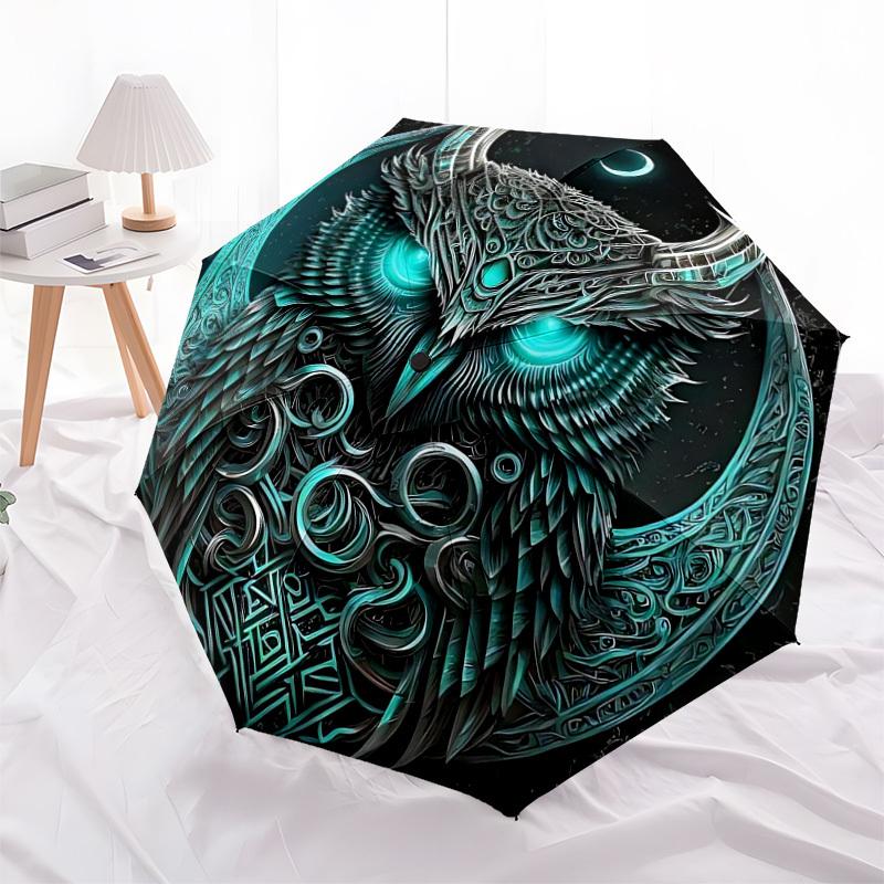 1 Stück Mondlicht Mystischer Eule Automatischer Faltregenschirm - Kompaktes 8-Rippen-Design, Langlebiger Kunststoff & Eisen, Leicht für den Täglichen Gebrauch im Freien, Festliches Geschenk084